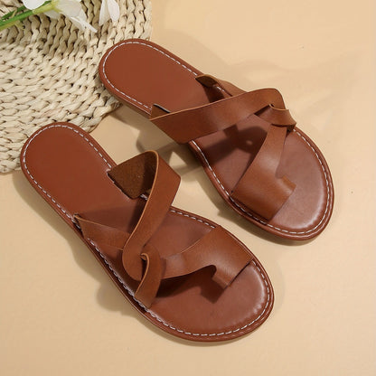 Retro Flat Bottom Toe Ring Slippers Women Wear with Cross Beach Slippers