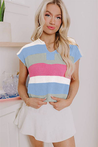 Summer Women Clothing Small U Collar Dopamine Contrast Color Casual Sweater with Short Sleeves