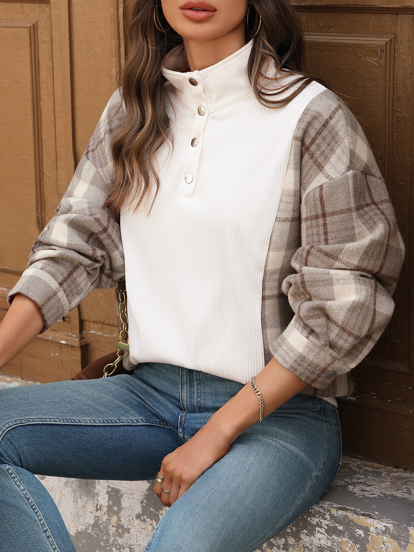 Autumn Winter Casual Retro Half Open Collar Plaid Stitching Loose Sweater