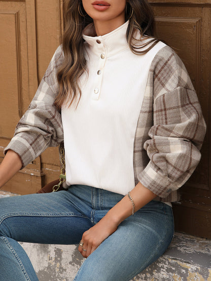 Autumn Winter Casual Retro Half Open Collar Plaid Stitching Loose Sweater