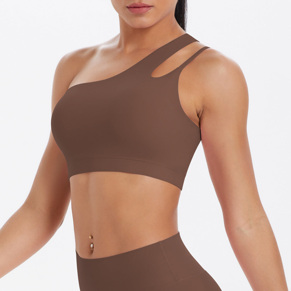 Solid Color One Shoulder Beauty Back Yoga Bra Nude Feel Push up Sports Bra Irregular Asymmetric Shoulder Strap Sports Vest for Women