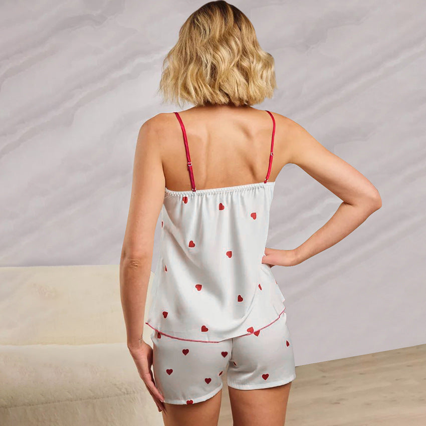 Spring Homewear Heart Printing Suspender Shorts Sexy Two Piece Set Satin Women Pajamas