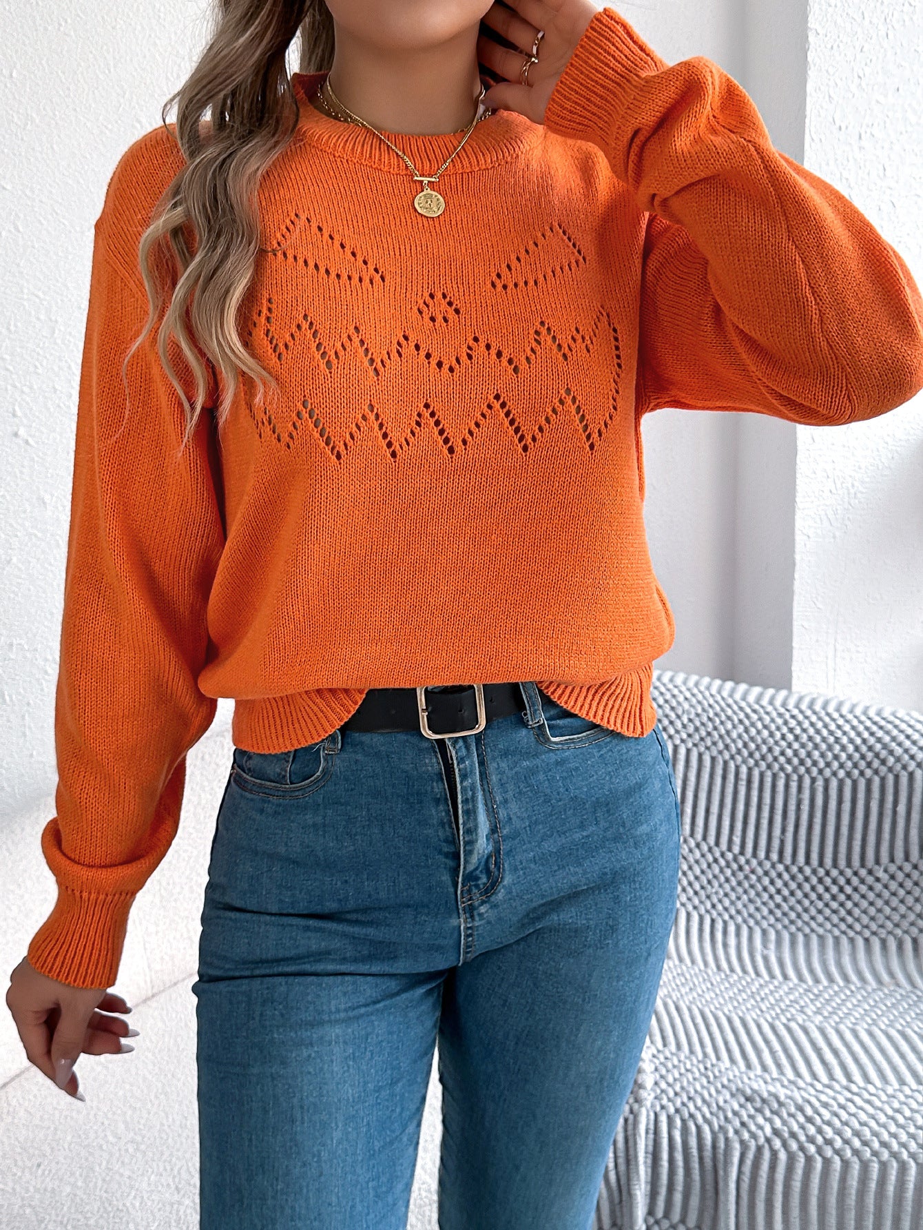 Solid Color Hollow Out Cutout out Lantern Long Sleeve Pullover Halloween Women Clothing