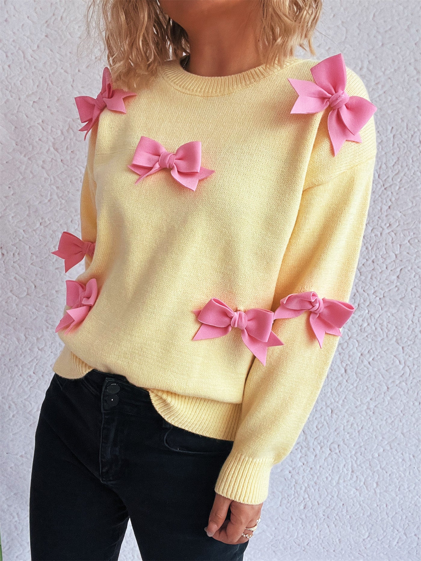 Sticky Bow Casual Sweet Knitted Top Autumn Winter round Neck Sweater Pullover