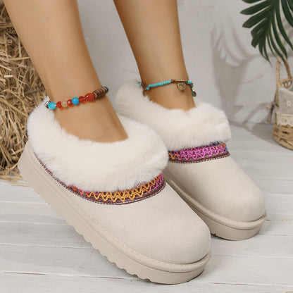 Winter Knitted Belt Wool Mouth Short Snow Boots Women Thick Bottom Thickened Fleece lined Platform Slip on Cotton Shoes