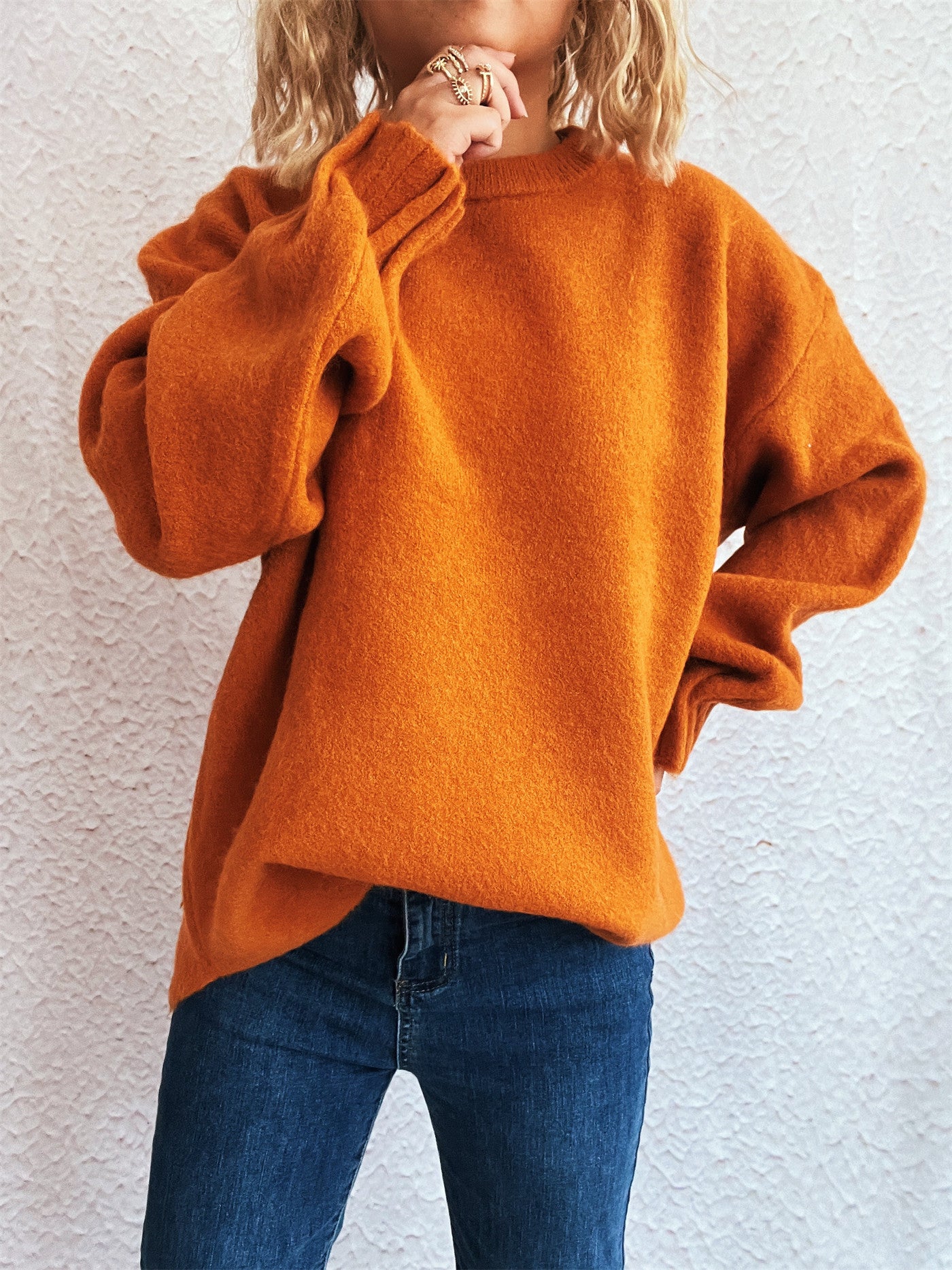 Solid Color Casual Loose Knitted Top Street Women Wear Sweater