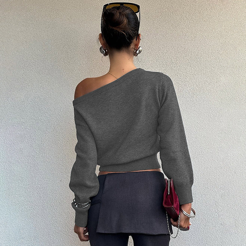 Women Clothing Summer Simple Elegant Slim Fit Sexy Cropped Diagonal Collar Long Sleeve Top