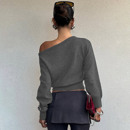 Women Clothing Summer Simple Elegant Slim Fit Sexy Cropped Diagonal Collar Long Sleeve Top