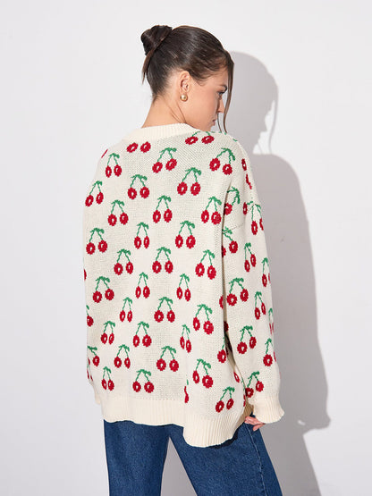 Cherry Printed Sweater Idle Loose Knitted Pullover Autumn Winter Sweet Cherry Sweater