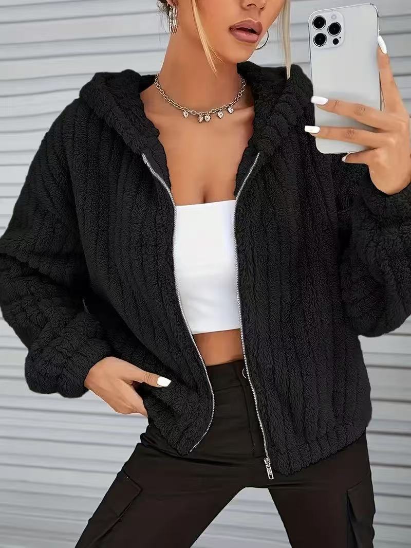 Popular Solid Color Double-Sided Plush Zipper Cardigan Decoration Ears Casual Autumn Winter Plush Coat