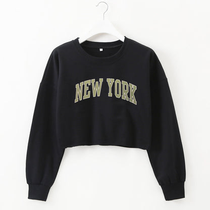 Women Clothing Autumn Winter York Letter Graphic Printing Short Loose Long Sleeves Sweatshirt