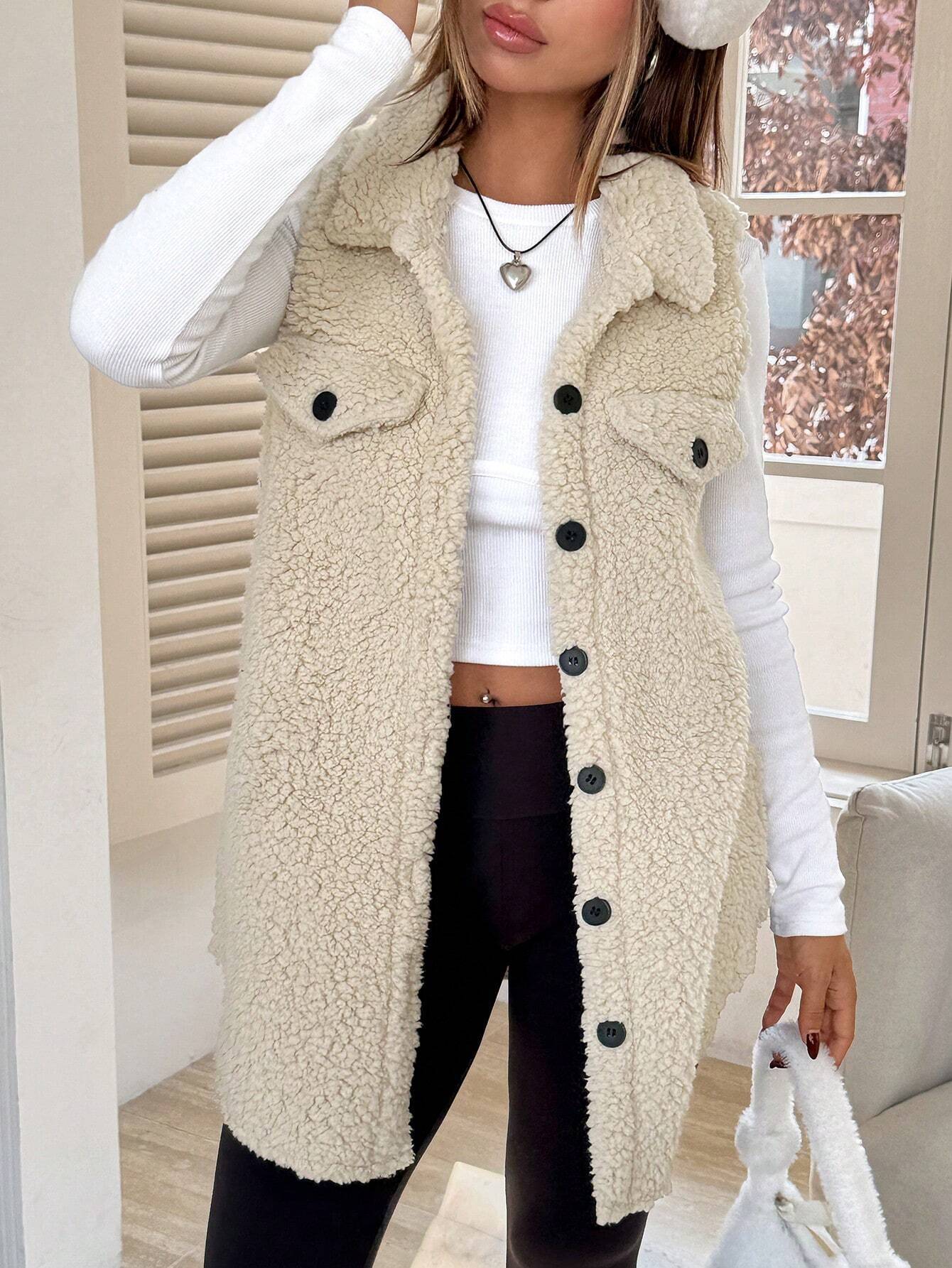 Fall Winter Lapels Open Buckle Plush Vest Cardigan Loose Office Faux Cashmere Women