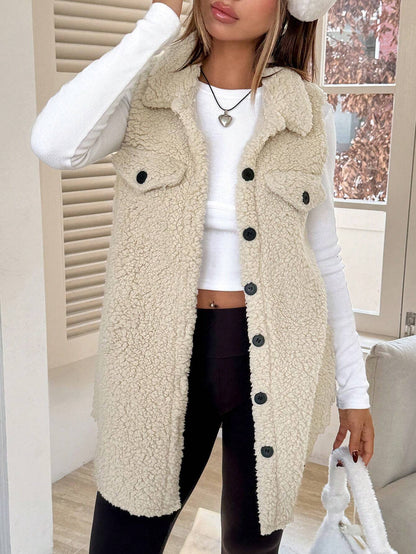 Fall Winter Lapels Open Buckle Plush Vest Cardigan Loose Office Faux Cashmere Women