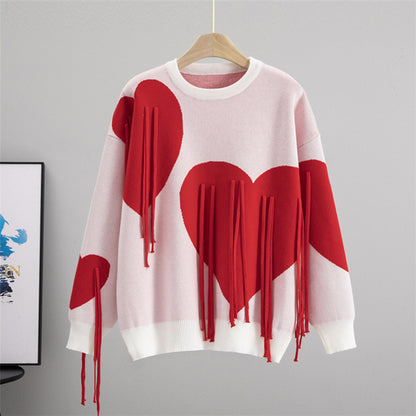 Love Tassel Autumn Winter Sweater Fashionable Knitted round Neck Stitching round Neck Pullover Top Knitting