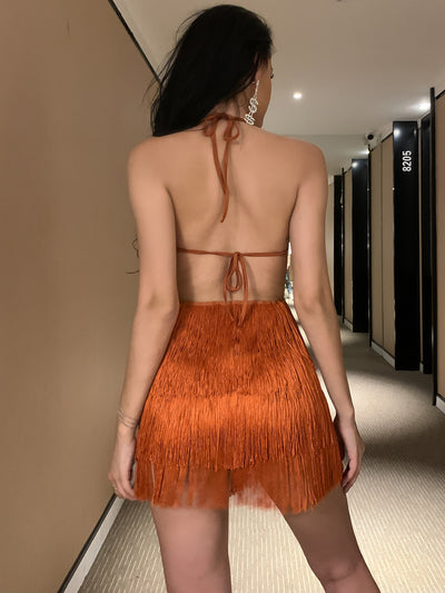 Women Clothing Summer Sexy Halter Solid Color Tassel Romper