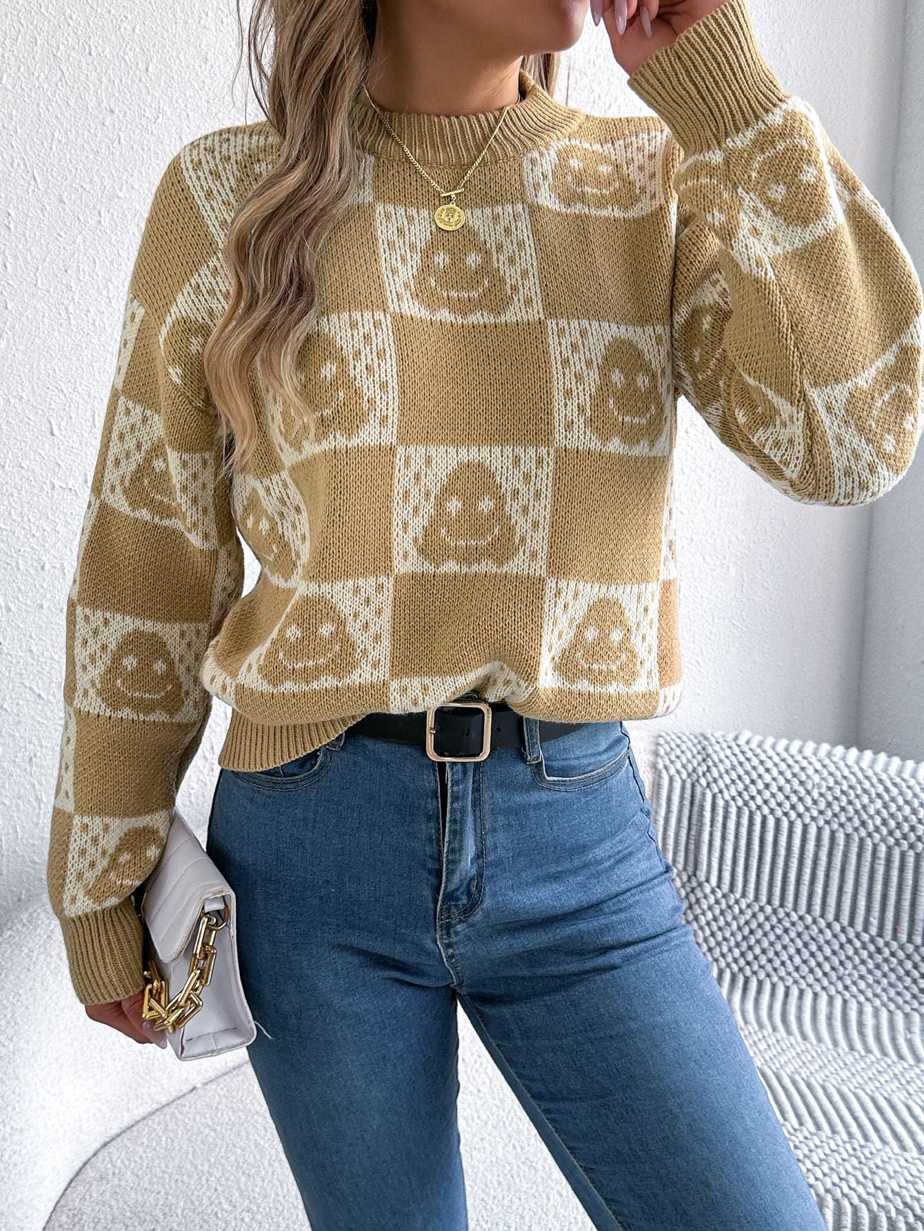 Autumn Winter Halloween Plaid Lantern Long Sleeve Pullover Women Clothing