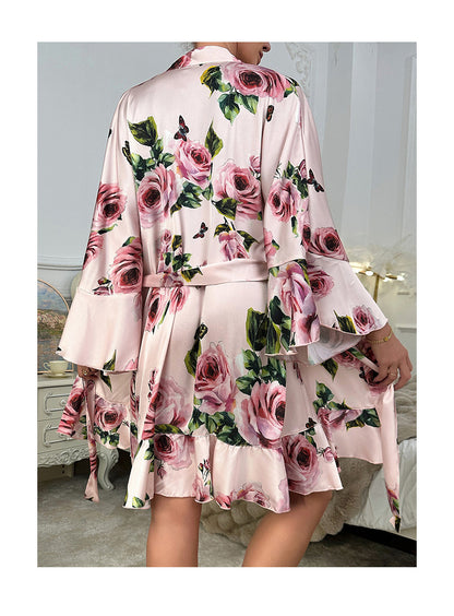 Sexy Underwear Ruffled Emulation Silk Nightgown Cardigan Bathrobe Home Wear Pajamas Women