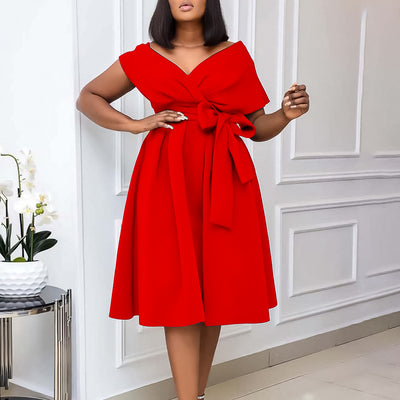 Women Clothing Summer V neck Lace up Elegant plus Size Africa Dress