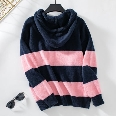 Hooded Color Contrast Pullover Sweater Top Women Autumn Winter Loose Casual All Matching Women Knitwear Top