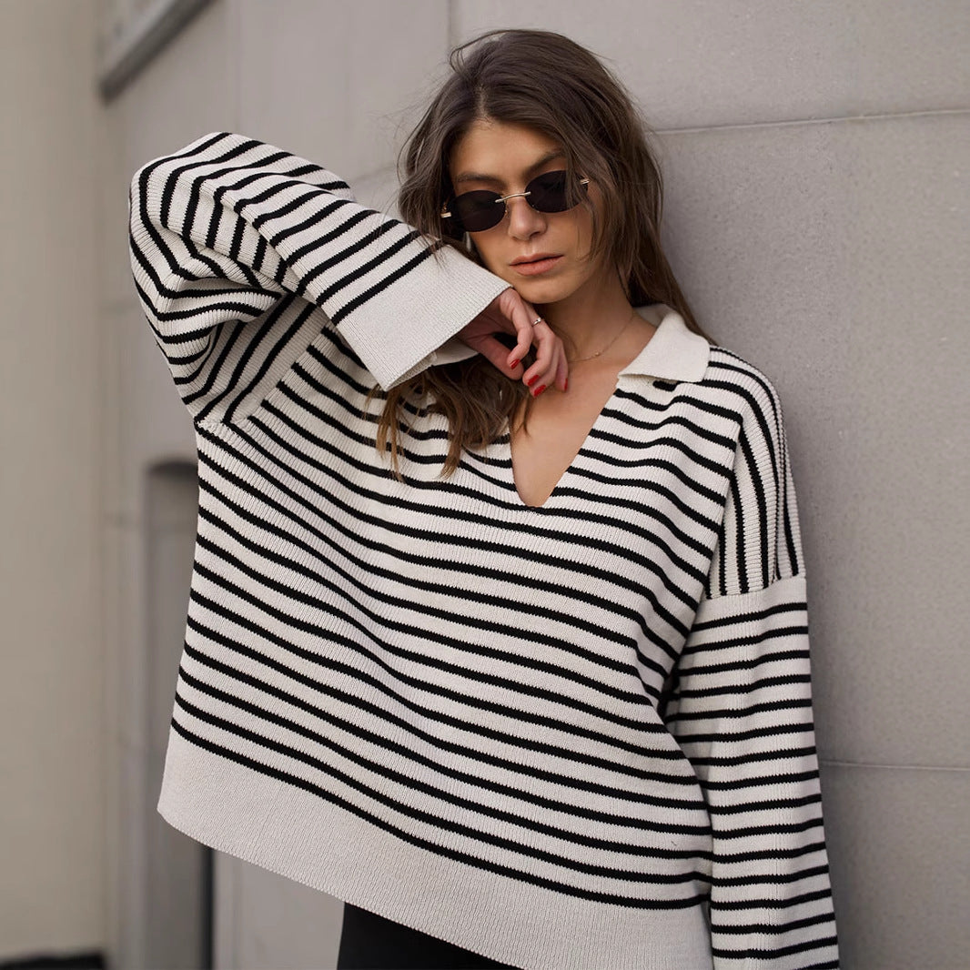 Black Striped Sweater Autumn Winter Polo Collar Striped Long Sleeve Loose Pullover Sweater Women