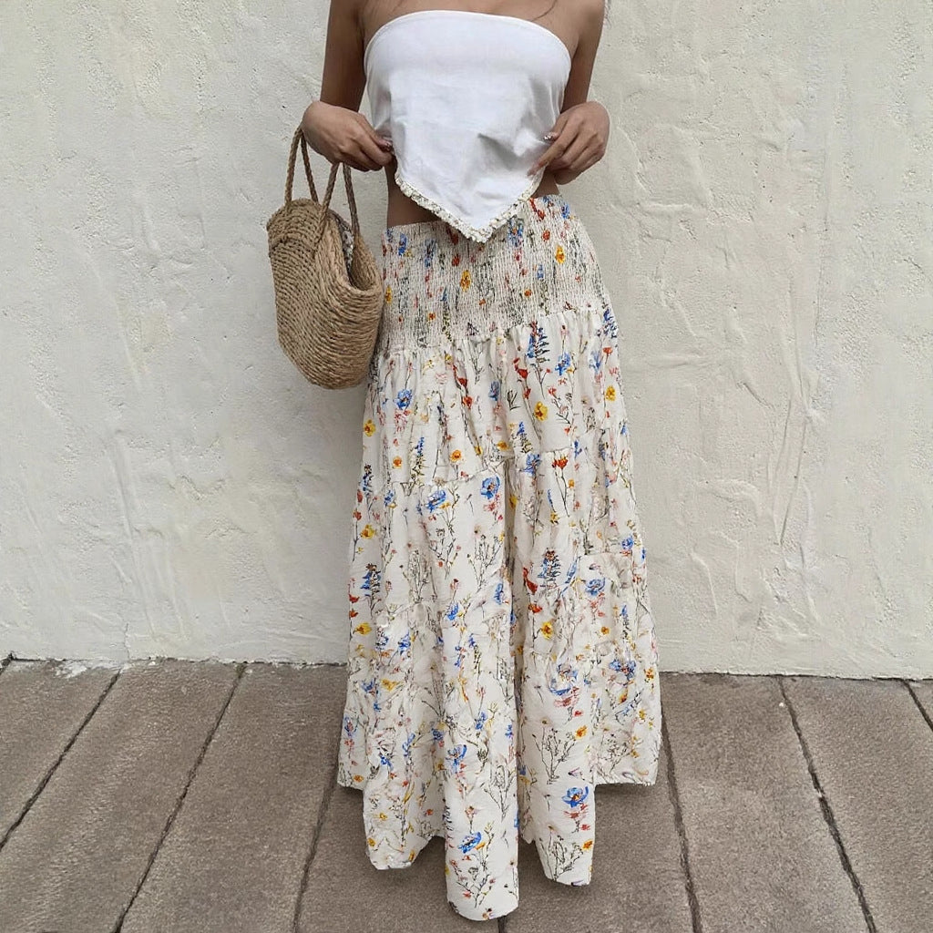 Floral Skirt Women Summer Printed Drooping Slimming Pleated Pleated A line Skirt