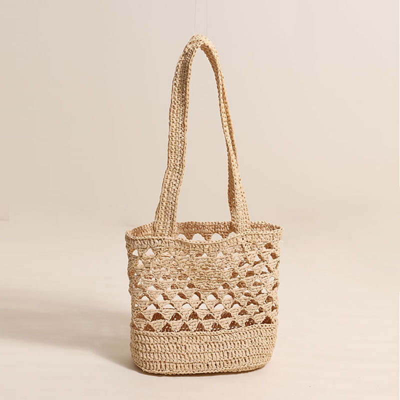 Raffia Shoulder Straw Bag Simple Solid Color Hollow Out Cutout Straw Bag Woven Bag Vacation Beach Bag Women Bag - GLAMWEARS