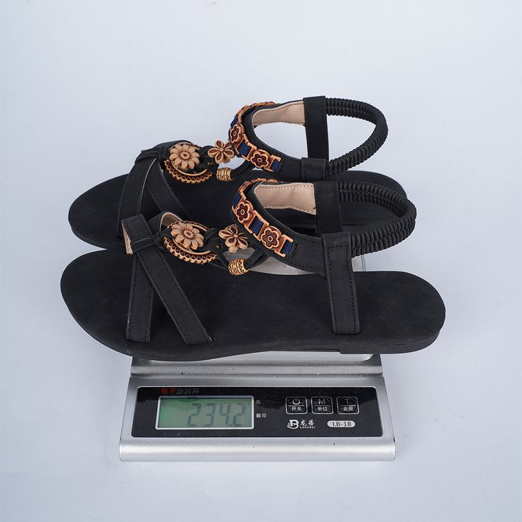 Arrival Flat Beaded National Flat Sandals Women Open Toe Elastic Band Lightweight Beach Slippers