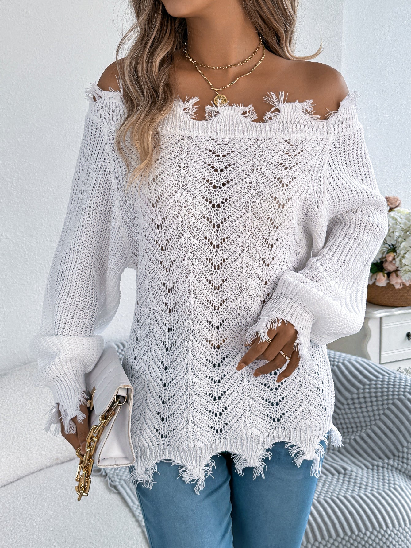 Autumn Winter Solid Color Hollow Out Cutout out Long Sleeve Cut off Shoulder Pullover Sweater Women Clothing