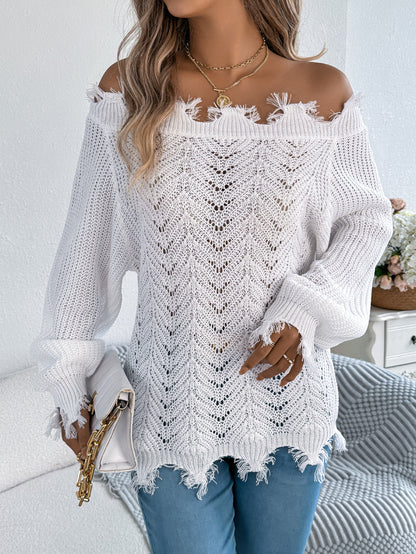 Autumn Winter Solid Color Hollow Out Cutout out Long Sleeve Cut off Shoulder Pullover Sweater Women Clothing