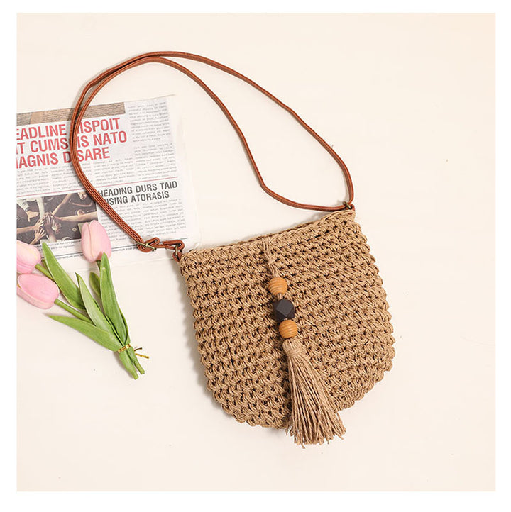 Supply Crossbody Straw Bag Wooden Bead Tassel Straw Bag Woven Bag Vacation Beach Bag Women Shoulder Bag - GLAMWEARS