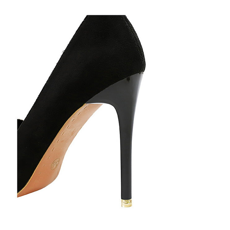 Sexy Nightclub Super High Heel Women Shoes Stiletto Suede Shallow Mouth Pointed Toe Rhinestone Bow Pumps