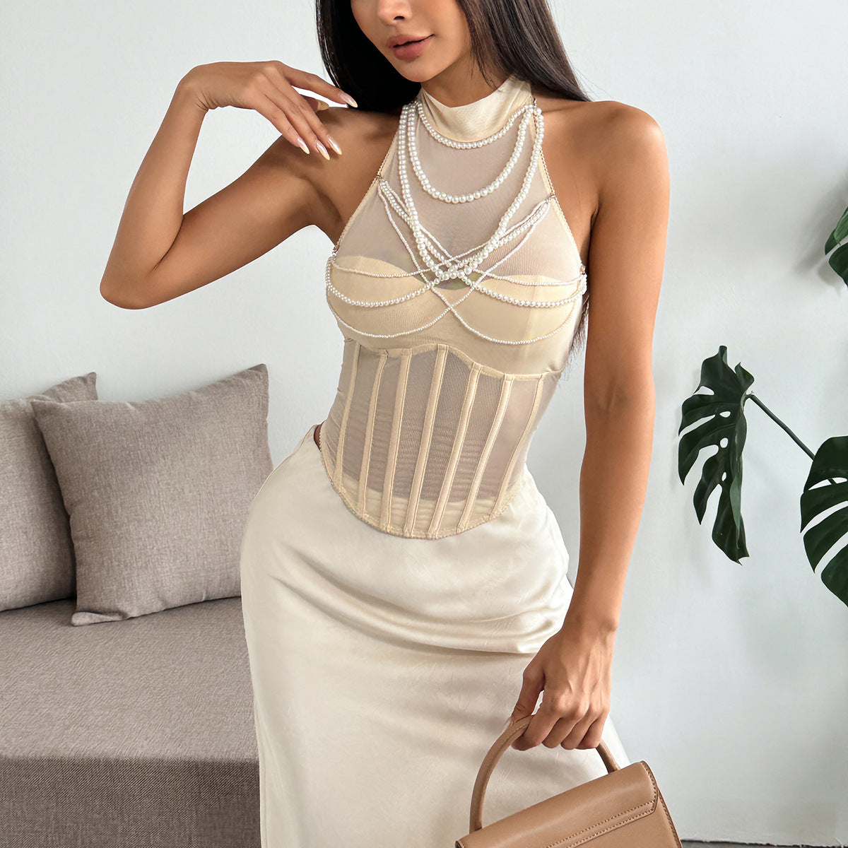 Solid Color Elegant Socialite Summer Elegance Semi Transparent Boning Corset Sexy Pearl Embellished Halter Top