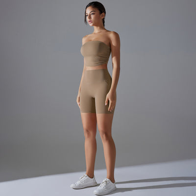 Celebrity One Piece Pleated Tube Top High Waist Hip Lift Zero Sense Wear Free Underwear Sports Shorts Fitness Yoga Set Women