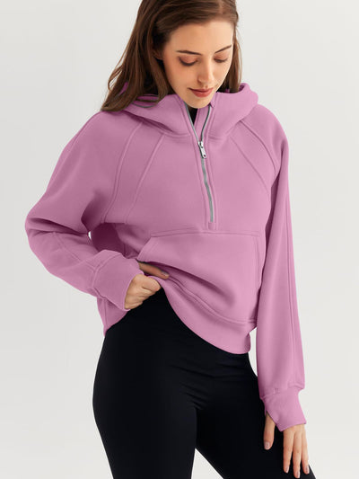 Half Zipper Pullover Hooded Sweatshirt Fleece Short Chic Scuba Sweater for Women