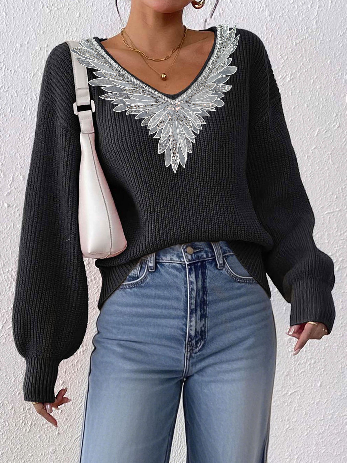Lace Sequined Bow Tie V neck Patchwork Pullover Women Clothing Loose Lazy Long Sleeve Sweater