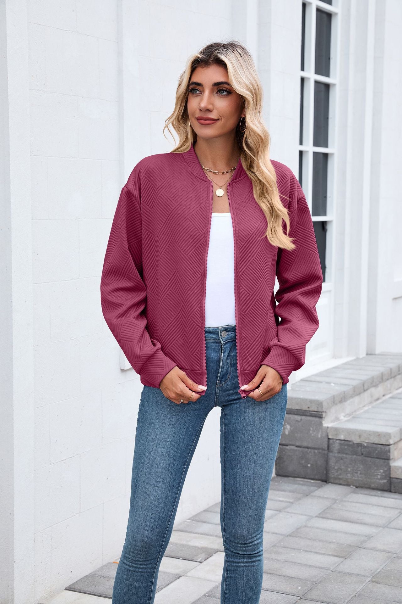 Autumn Winter Solid Color round Neck Loose Zip Long Sleeve Sweatshirt Varsity Jacket