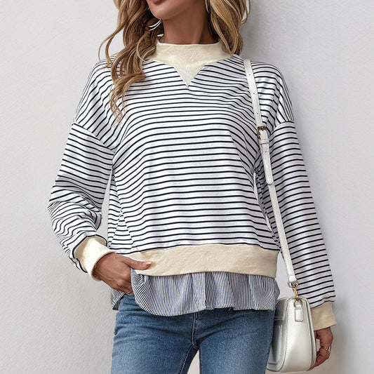 Casual Date Office Half Turtleneck Loose Striped Faux Two Pieces Sweater Women