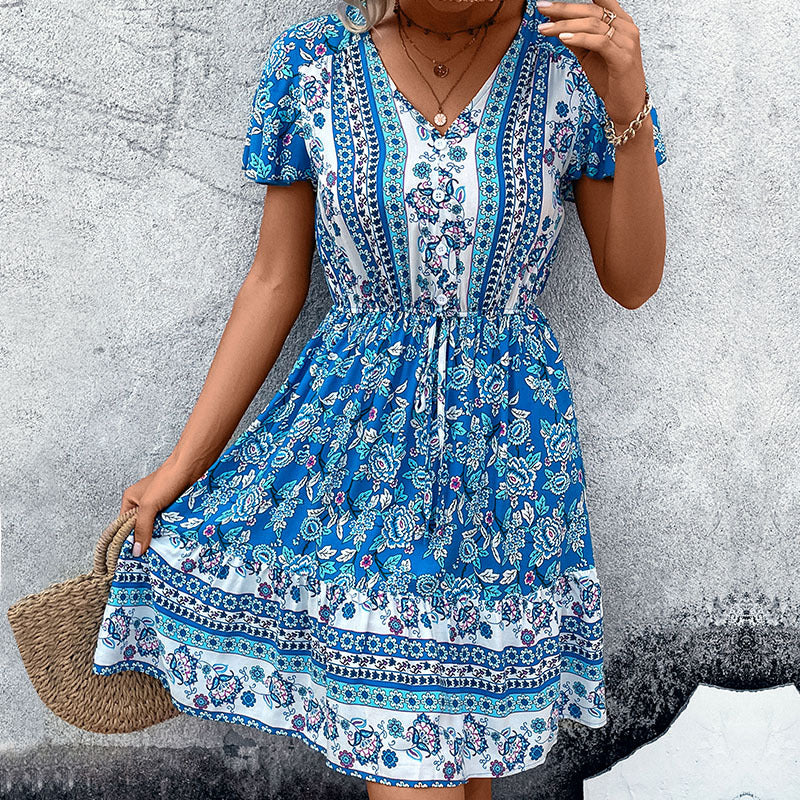 Summer Women V Neck Ethnic Floral Dress
