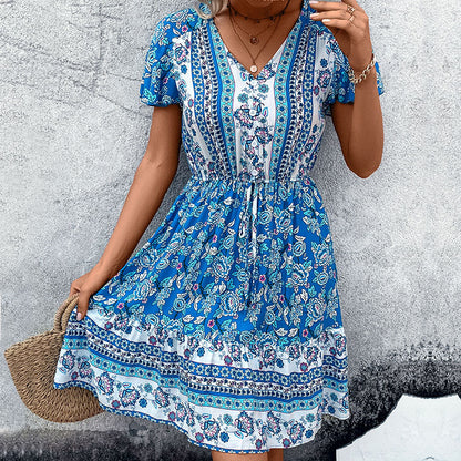 Summer Women V Neck Ethnic Floral Dress