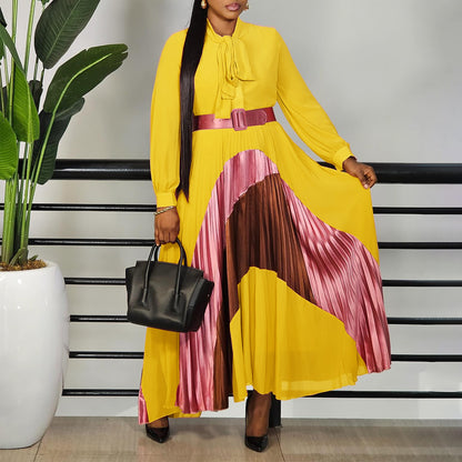 Women Clothing Tie Color Matching Pleated Dress Elegant Plus Size Dress