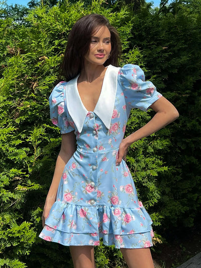 French V neck Puff Sleeve Dress Summer Waist Trimming Printing Short Dress Ruffled Dress