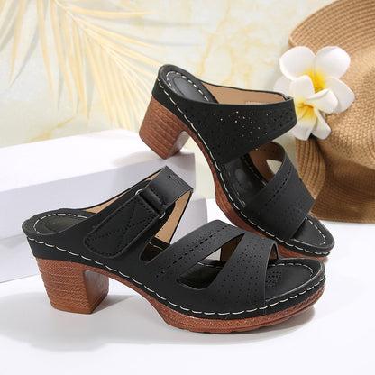 Hollow Out Cutout out Wedge Slippers Women Stitching Velcro Beach Slippers
