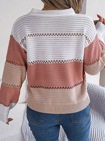 Autumn Winter Casual Button V neck Hollow Out Cutout Color Matching Lantern Sleeve Pullover Sweater Women Clothing