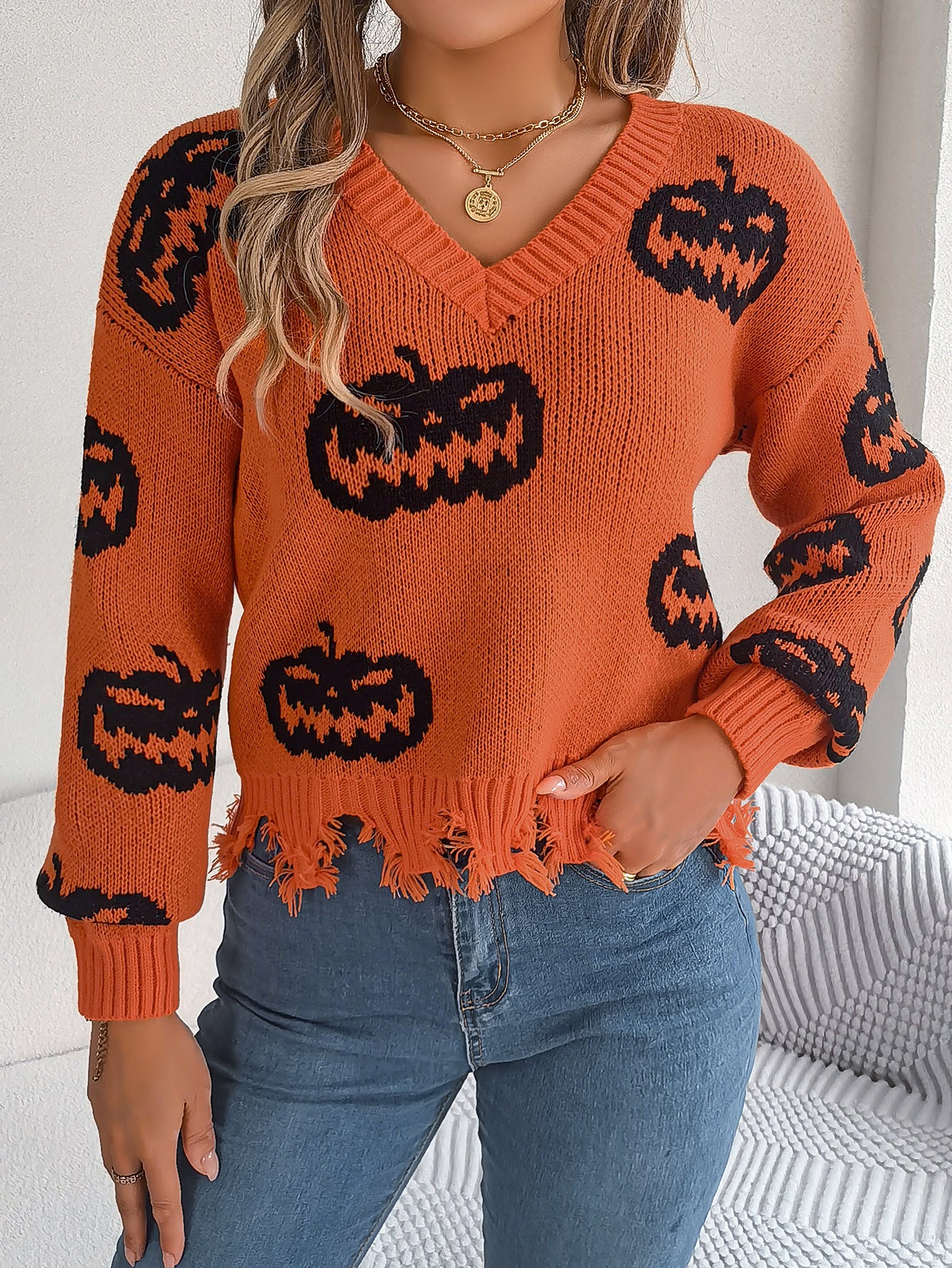 Autumn Winter Halloween Contrast Color Pumpkin Cut Rotten Long Sleeve Pullover Women Clothing