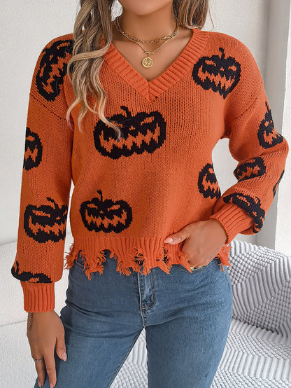 Autumn Winter Halloween Contrast Color Pumpkin Cut Rotten Long Sleeve Pullover Women Clothing