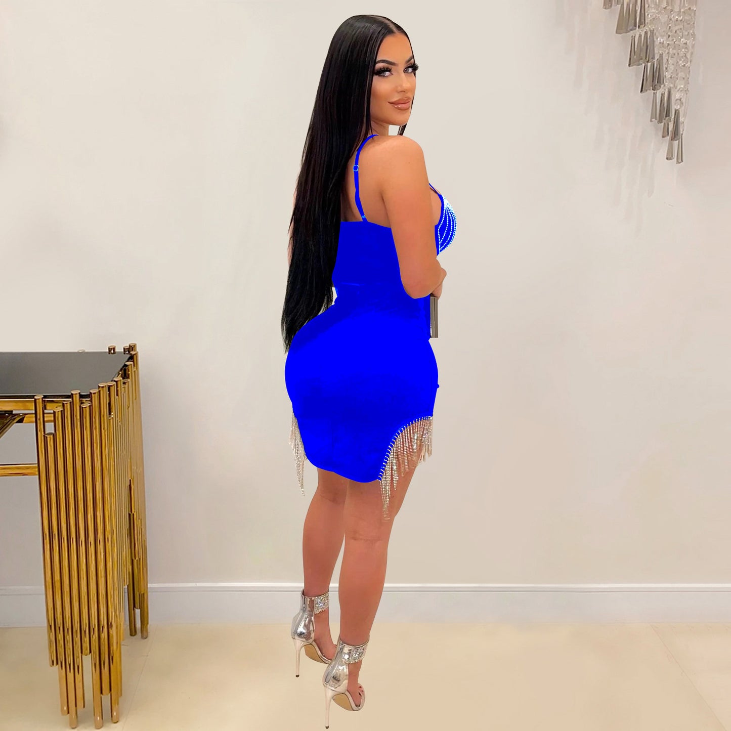 Women Wear Drilling Tassel Sleeveless Slip Dress Two Piece Set