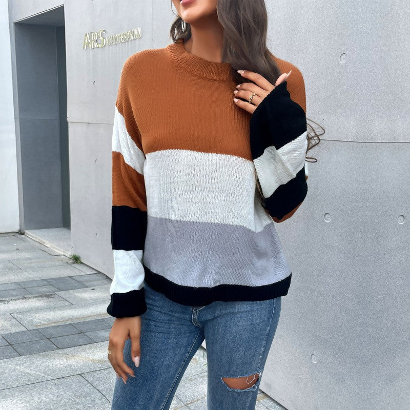 Casual Women Wear Long Sleeve Color Matching Sweater Women Autumn Winter