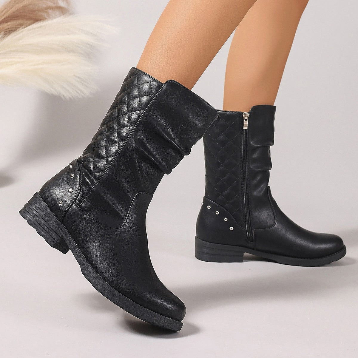 Western Denim Mid-Calf Boots for Women Chain Rivet Chunky Heel Knight Boots