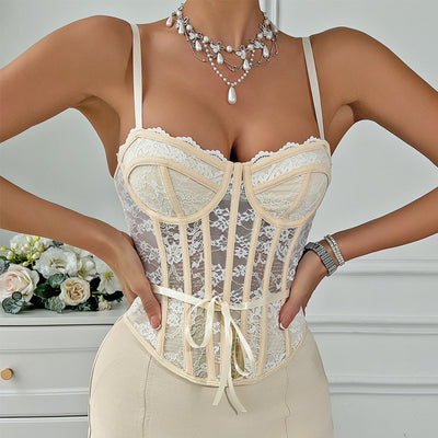 Fresh Lace up A line Slim Fit Sexy Boning Corset Small Lace See through Camisole