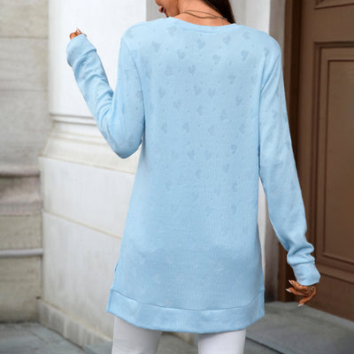 Autumn Winter Solid Color round Neck Loose Long Sleeve Split T shirt Top Women